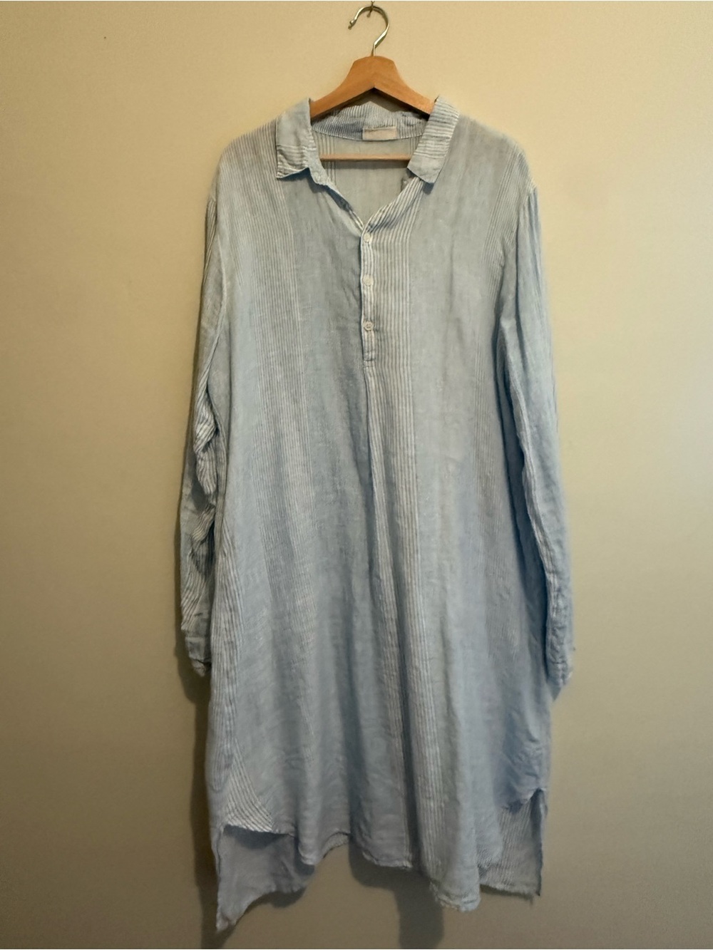 CP Shades Light Blue Striped Lara Linen Shirt Dress.